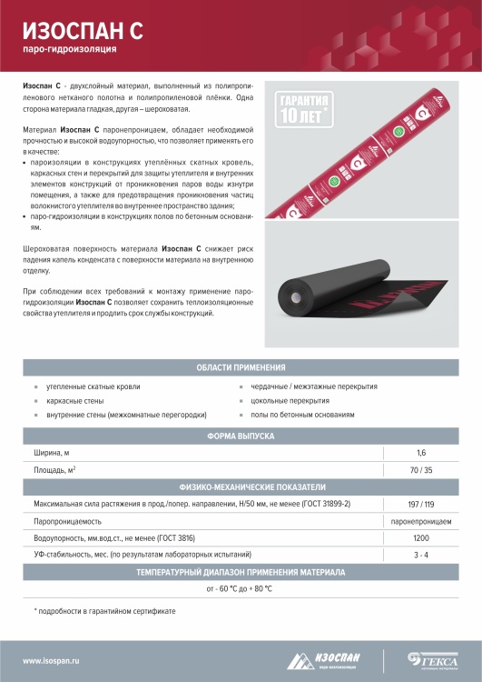 Гидро-пароизоляционная мембрана Изоспан C, 1.6х21.88м